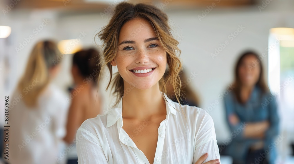 A confident businesswoman smiling broadly in a bright and modern office setting, reflecting a professional yet inviting atmosphere. Colleagues are seen in the background. A confident businesswoman smiling broadly in a bright and modern office setting, reflecting a professional yet inviting atmosphere. Colleagues are seen in the background.