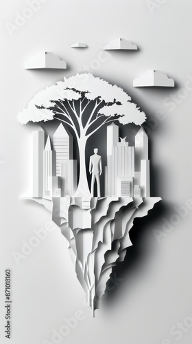 Creative white paper cut-out cityscape with a figure standing under a tree, floating on a rock. Modern art, minimalistic design.