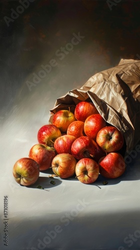 Red apples spilling from a brown paper bag, still life photography. Fresh and organic produce concept