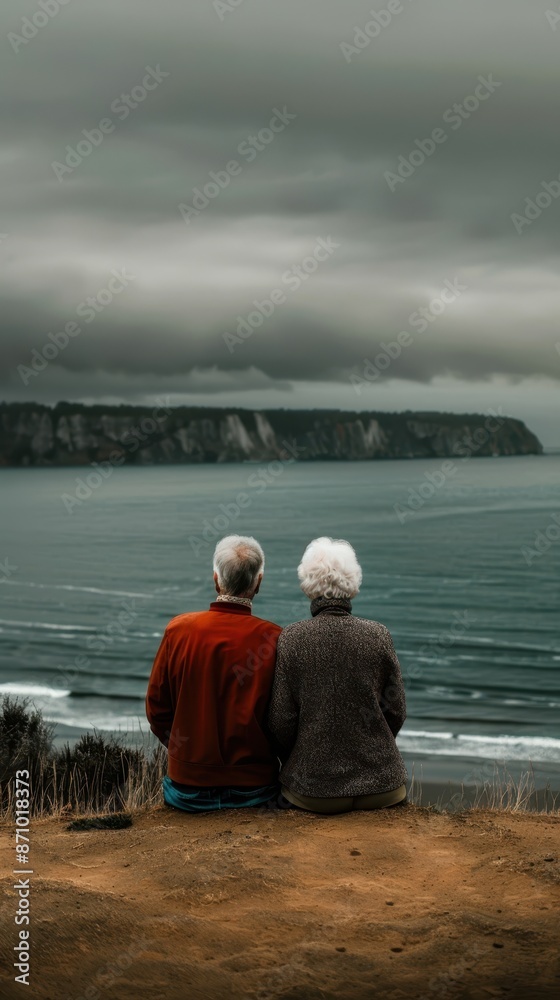 Fototapeta premium Elderly couple sitting on a cliffside, overlooking a serene ocean and dramatic cloudy sky, enjoying a moment of peace and reflection.