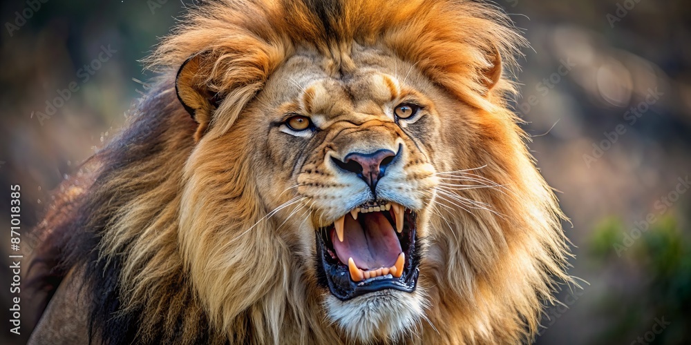 Fototapeta premium Profile portrait of a powerful and fierce roaring male lion, a fearsome African predator, with a majestic mane. ,roaring lion, wild African predator, close-up, fierce, majestic mane