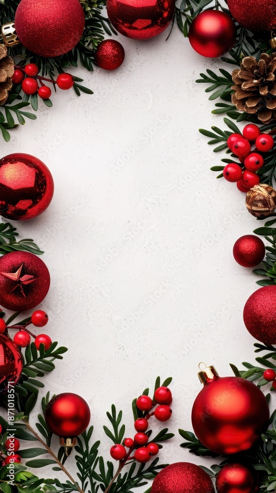 Festive Christmas border with red ornaments, berries, and pine branches on a white background. Perfect for holiday designs. Festive Christmas border with red ornaments, berries, and pine branches on a white background. Perfect for holiday designs.