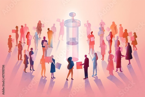 Illustration of a diverse group of people standing in a circle around a large ballot box, casting their votes. Emphasizing the theme of democratic participation.