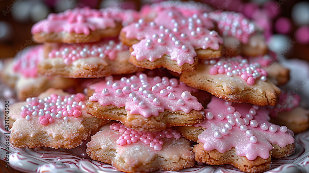 A plate of cookies with pink frosting and white sprinkles. The cookies are arranged in a stack, with some of them being larger than others. Scene is festive and celebratory A plate of cookies with pink frosting and white sprinkles. The cookies are arranged in a stack, with some of them being larger than others. Scene is festive and celebratory