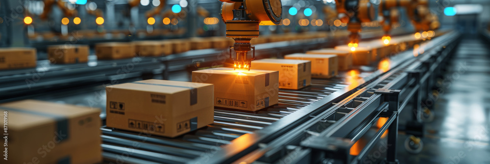 A robotic arm in an industrial setting is packaging parcels at a post office. A robotic arm in an industrial setting is packaging parcels at a post office.