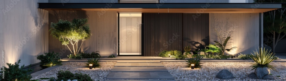 Modern house entrance with minimalist design, outdoor lighting, and landscaped garden, captured at dusk. Modern house entrance with minimalist design, outdoor lighting, and landscaped garden, captured at dusk.