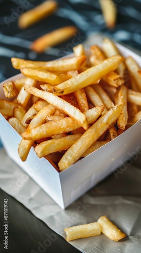 Crispy french fries in a white paper box on a dark background, fast food and snack concept
