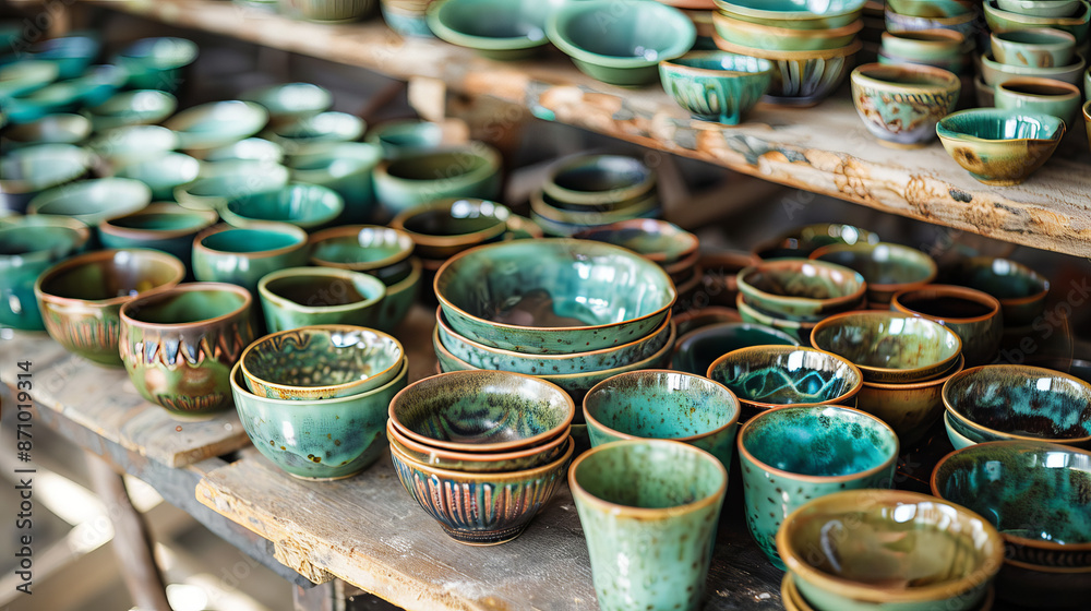 Handmade ceramic dishes on the rack. Handmade ceramic dishes on the rack.
