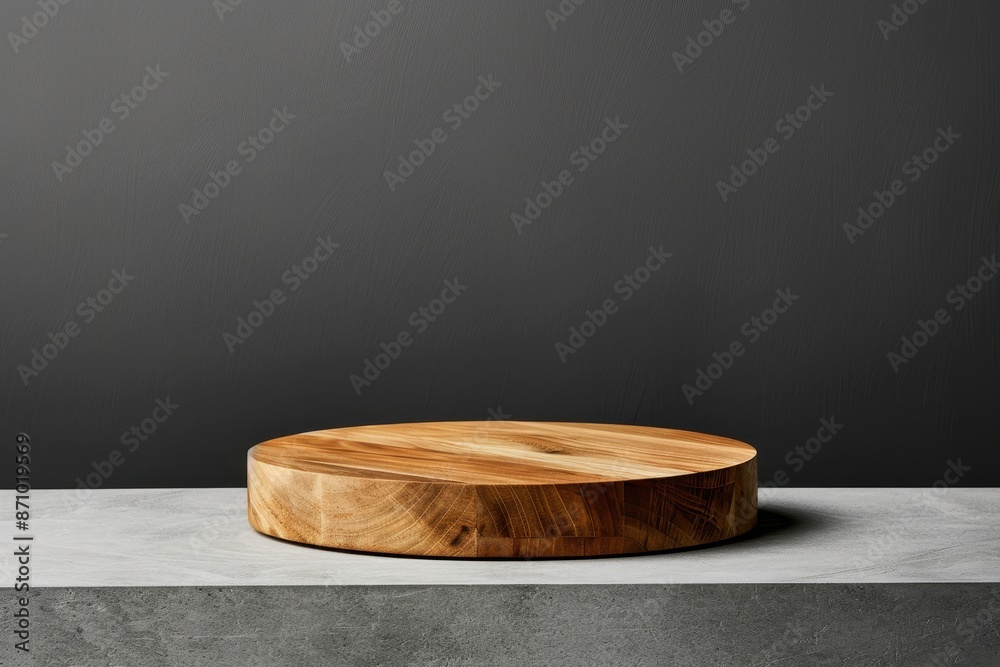Round wooden cutting board on a gray surface with a black background. Perfect for kitchen, cooking, and food photography. Round wooden cutting board on a gray surface with a black background. Perfect for kitchen, cooking, and food photography.