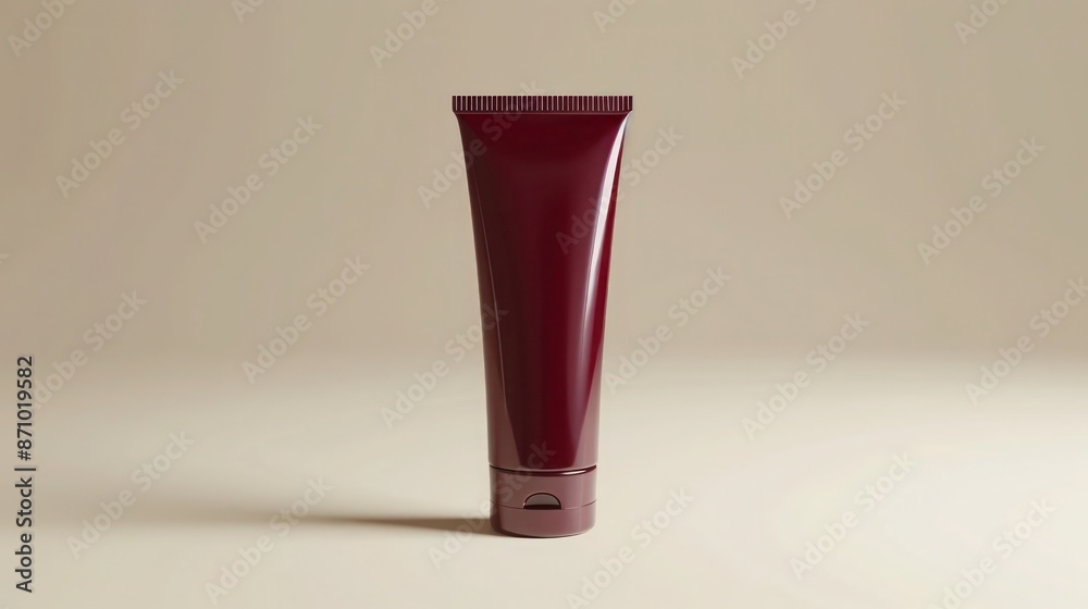 A rich burgundy hand cream tube against an off-white background, adding a touch of luxury and elegance to the product mockup A rich burgundy hand cream tube against an off-white background, adding a touch of luxury and elegance to the product mockup