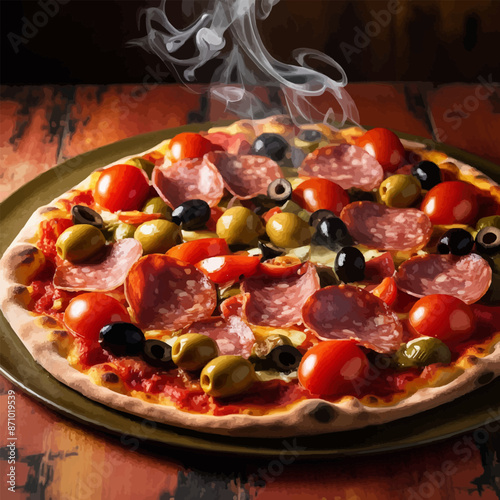 pizza with salami tomatoes and olives