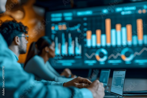 A team of professionals focusing on data visualizations displayed on a large screen. The image emphasizes the importance of data analysis in business environments, with graphs and charts.
