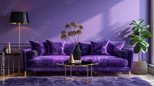 Fototapeta Naklejka Na Ścianę i Meble -  3D render of a modern luxury living room interior with an ultraviolet home decor concept. Features include a purple sofa, black table with a gold lamp, against a light purple wall and wood floor.