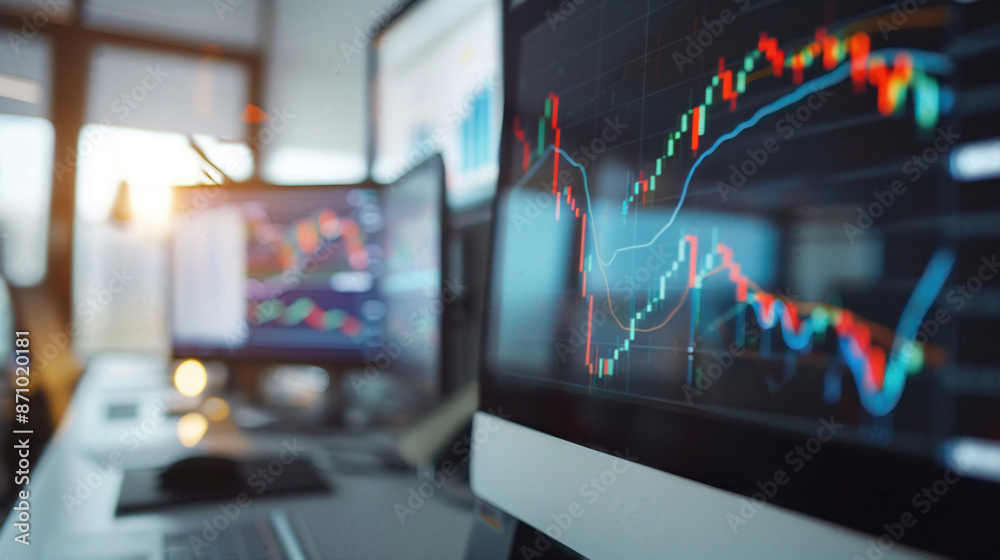 Close-up of computer screens displaying stock market charts in a modern office setting, indicating financial analysis and trading activities.