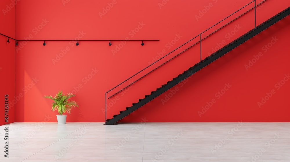 Spacious industrial space with vibrant red walls, an elegant black metal staircase leading to an upper level, industrial lighting, and minimalistic decor Spacious industrial space with vibrant red walls, an elegant black metal staircase leading to an upper level, industrial lighting, and minimalistic decor