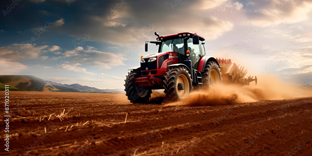Fototapeta premium powerful tractor plowing a vast, open field, churning the rich soil in preparation for planting crops. Generative AI