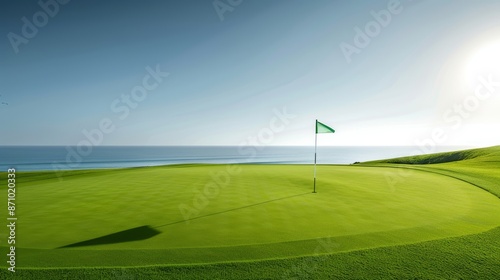 Stunning coastal golf course, vivid green fairways and greens, bright flagpoles waving under a clear sunny sky, deep blue ocean providing a breathtaking backdrop