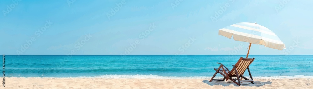 Serene beach scene with a lounge chair and umbrella by the turquoise sea, perfect for a peaceful and relaxing vacation or getaway. Serene beach scene with a lounge chair and umbrella by the turquoise sea, perfect for a peaceful and relaxing vacation or getaway.