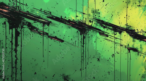 Abstract Grunge Texture with Black Splashes and Green Background