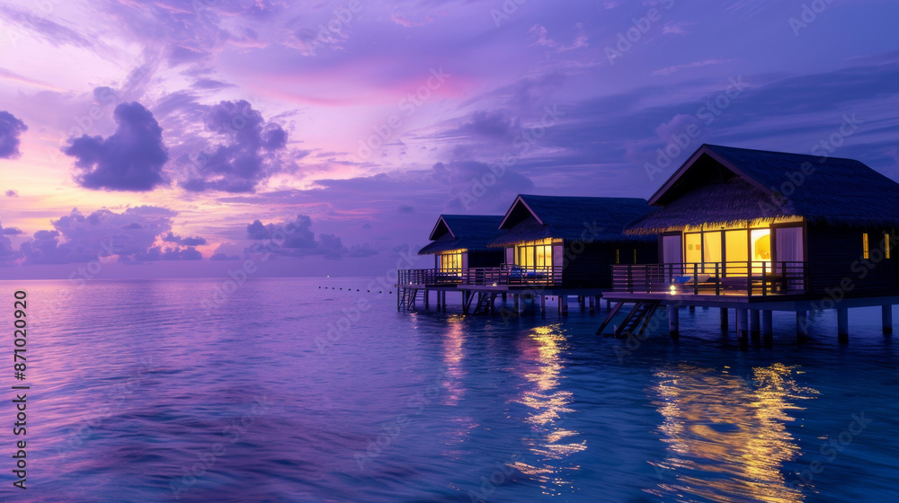 Sunset casts violet hues over the sea surrounding the Maldives bungalows. Sunset casts violet hues over the sea surrounding the Maldives bungalows.