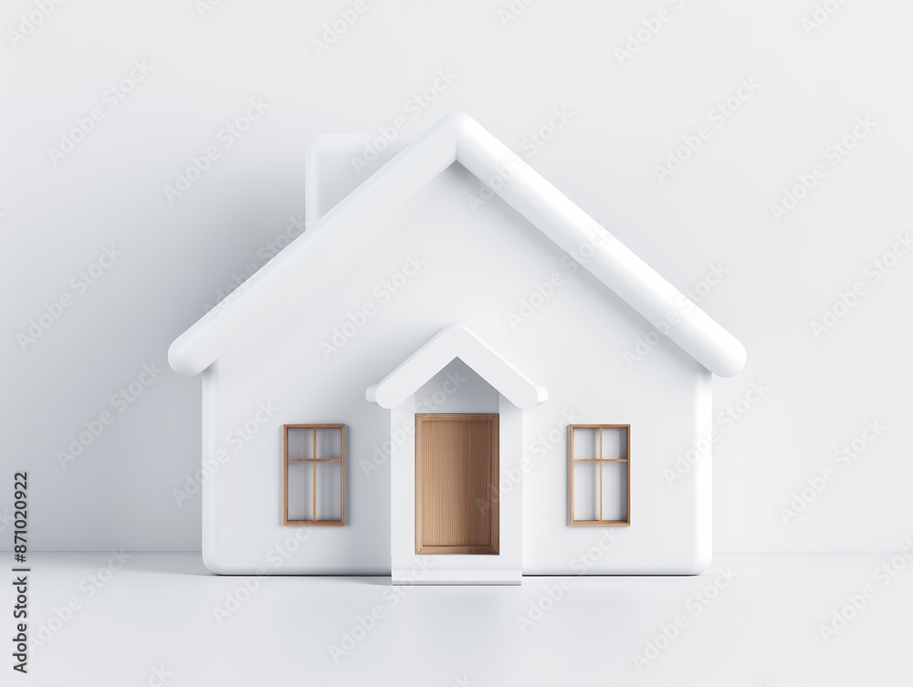 Sleek 3D render of a compact white house with wooden trims and a gabled roof, placed against a soft, light backdrop, emphasizing minimalism and clean architecture Sleek 3D render of a compact white house with wooden trims and a gabled roof, placed against a soft, light backdrop, emphasizing minimalism and clean architecture