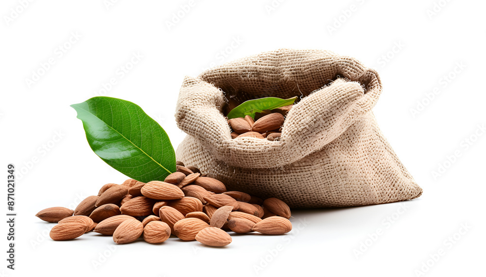 Almonds with leaf in bag from sacking isolated on white background Almonds with leaf in bag from sacking isolated on white background