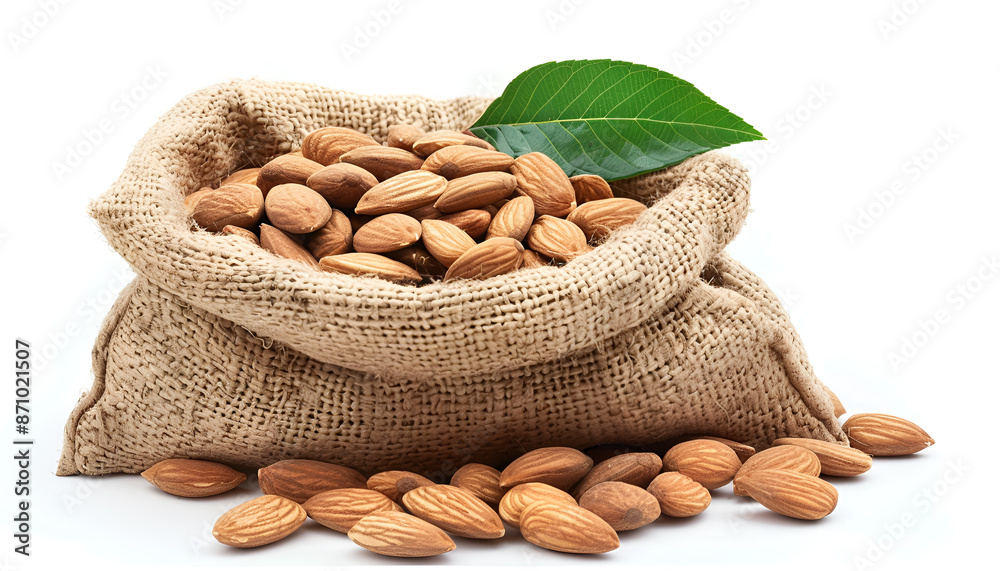Almonds with leaf in bag from sacking isolated on white background Almonds with leaf in bag from sacking isolated on white background