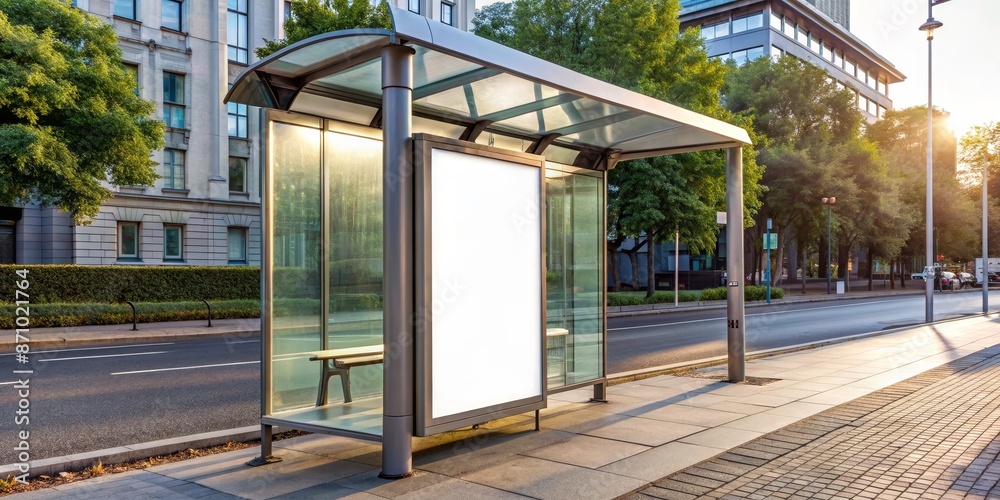 Urban bus shelter with blank white lightbox for advertising, glass and aluminum structure, stone sidewalk, city street background. Urban bus shelter with blank white lightbox for advertising, glass and aluminum structure, stone sidewalk, city street background.