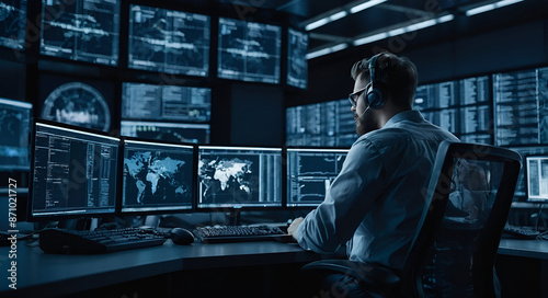 Professional IT Technical Support Specialists and Software Programmer Working on Computers in Monitoring Control Room with Digital Screens with Server Data, Blockchain Network and Surveillance Maps
