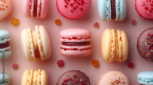 Colorful assorted macarons on a pink background