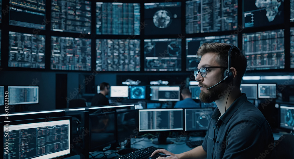 Professional IT Technical Support Specialists and Software Programmer Working on Computers in Monitoring Control Room with Digital Screens with Server Data, Blockchain Network and Surveillance Maps Professional IT Technical Support Specialists and Software Programmer Working on Computers in Monitoring Control Room with Digital Screens with Server Data, Blockchain Network and Surveillance Maps