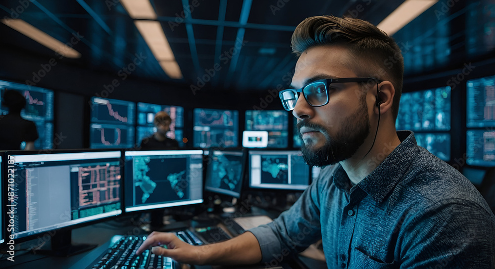 Professional IT Technical Support Specialists and Software Programmer Working on Computers in Monitoring Control Room with Digital Screens with Server Data, Blockchain Network and Surveillance Maps Professional IT Technical Support Specialists and Software Programmer Working on Computers in Monitoring Control Room with Digital Screens with Server Data, Blockchain Network and Surveillance Maps