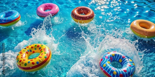 Vibrant inflatable doughnuts float amidst splashes and waves in an outdoor swimming pool beneath blue skies. photo