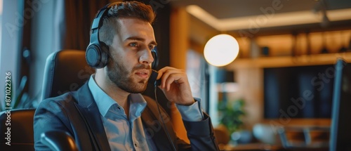 AI voice fraud by deepfake scammer posing as call center agent, digital deception concept. photo
