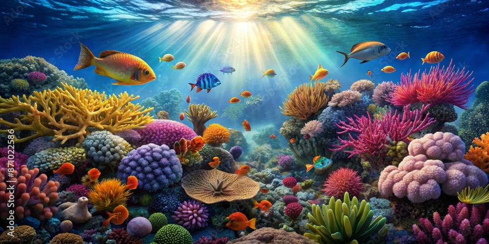 Vibrant reef ecosystem teeming with diverse marine life against an azure ocean backdrop
