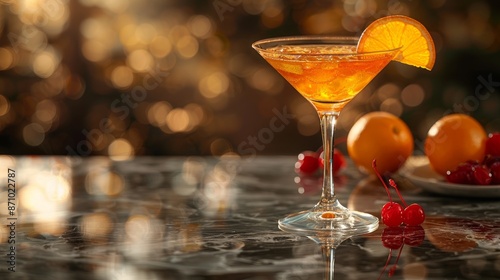 Orange cocktail with ice and slice of orange on marble table, evening bokeh background. Refreshing summer drink concept