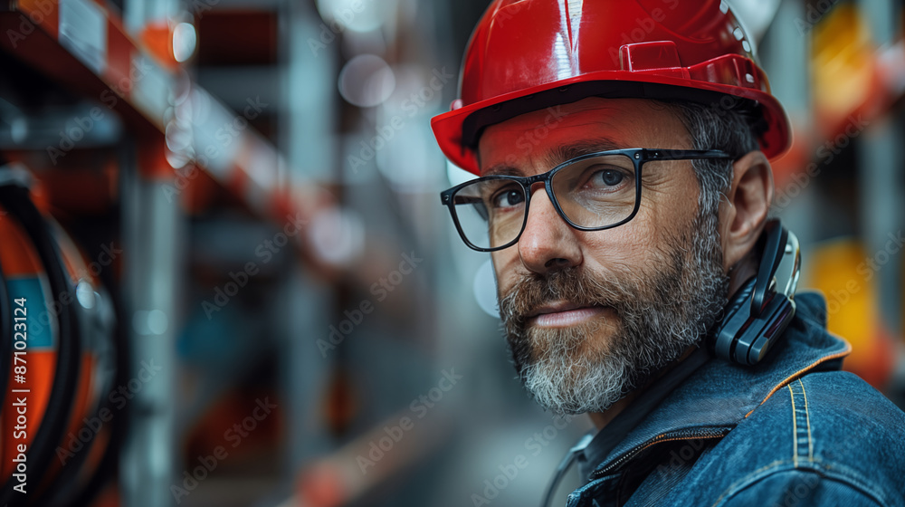 Bearded middle-aged man in red hard hat and glasses looking serious at industrial site. Concept of workplace safety, expertise, and professional responsibility. Bearded middle-aged man in red hard hat and glasses looking serious at industrial site. Concept of workplace safety, expertise, and professional responsibility.