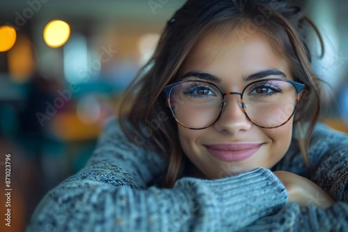 The beautiful person with eyeglasses is smiling and holding a curriculum vitae.