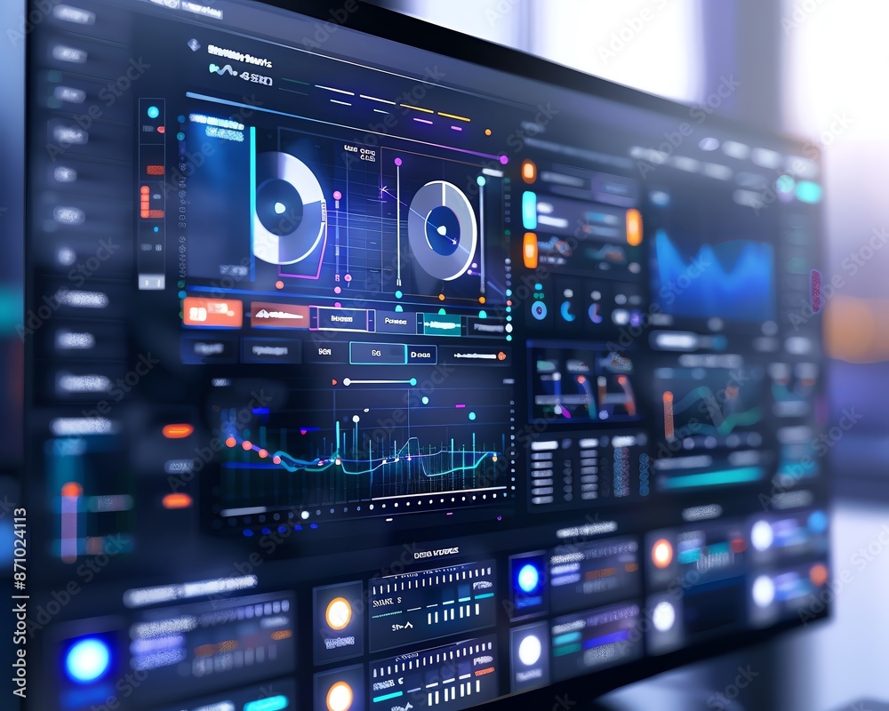 A close-up of a computer screen displaying complex data analytics and graphs in a modern workspace setting. A close-up of a computer screen displaying complex data analytics and graphs in a modern workspace setting.