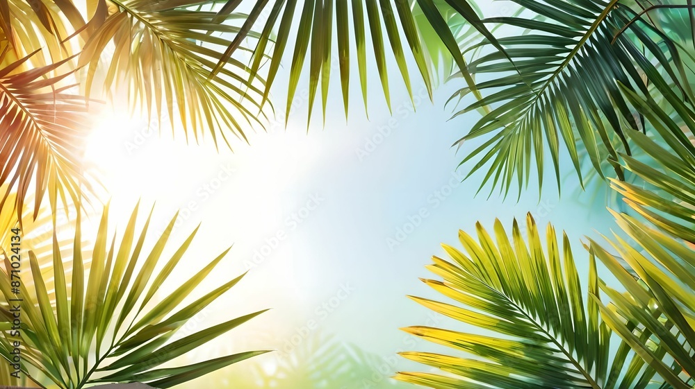 Naklejka premium Palm leaves on a gentle background, a lot of empty space, space for text. View from above