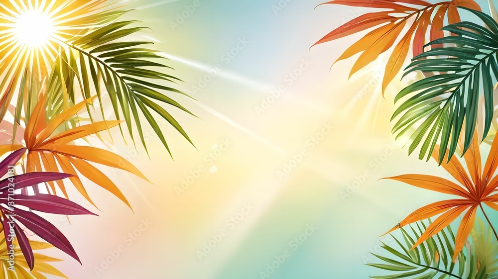 Palm leaves on a gentle background, a lot of empty space, space for text. View from above Palm leaves on a gentle background, a lot of empty space, space for text. View from above