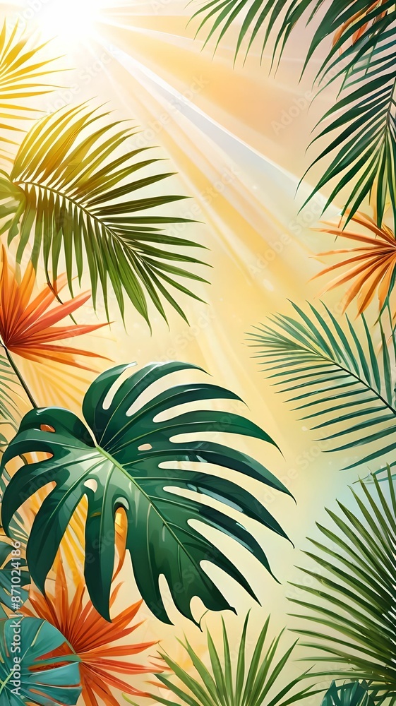 Palm leaves on a gentle background, a lot of empty space, space for text. View from above Palm leaves on a gentle background, a lot of empty space, space for text. View from above