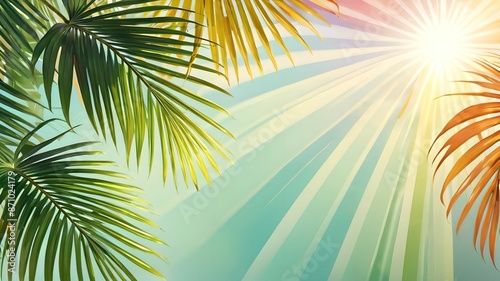 Palm leaves on a gentle background, a lot of empty space, space for text. View from above