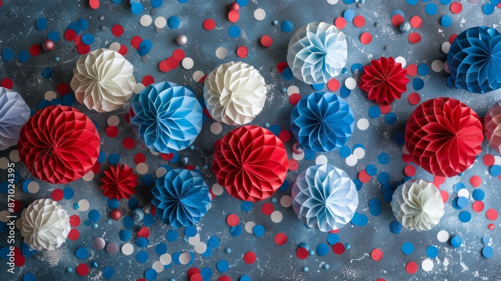Colorful red, white, and blue paper flowers and confetti scattered on a gray background, capturing a festive and celebratory vibe. Colorful red, white, and blue paper flowers and confetti scattered on a gray background, capturing a festive and celebratory vibe.