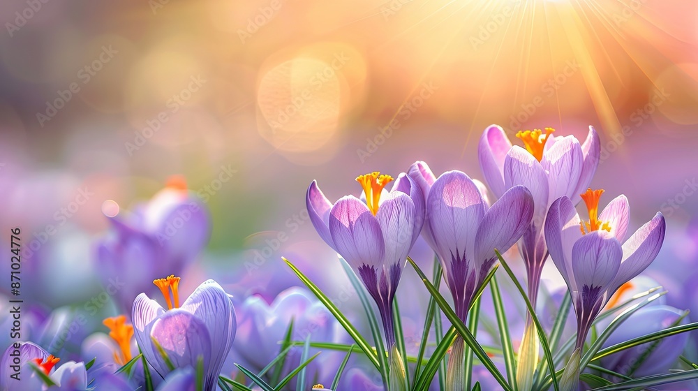 Purple crocus flowers in bloom at sunrise, with a soft, glowing background Purple crocus flowers in bloom at sunrise, with a soft, glowing background