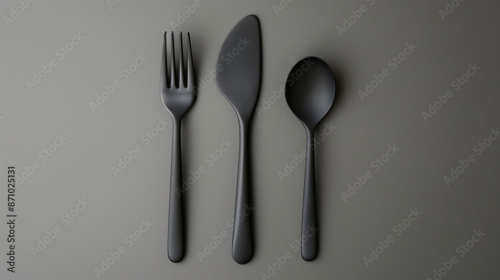 Stylish arrangement of black cutlery on a gray background, perfect for dining and kitchen designs Stylish arrangement of black cutlery on a gray background, perfect for dining and kitchen designs
