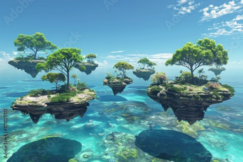 Surreal landscape of floating islands, each with distinct ecosystems, above a clear azure ocean.