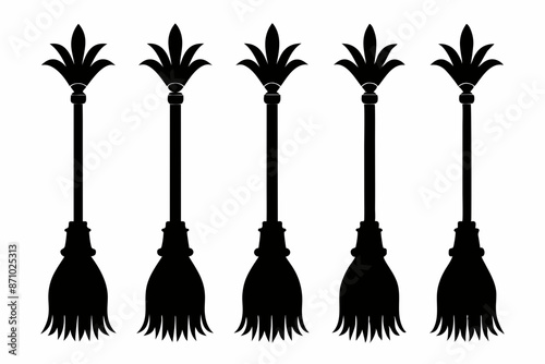 Witch brooms. Set of black silhouettes of brooms isolated on a white background. Vector illustration