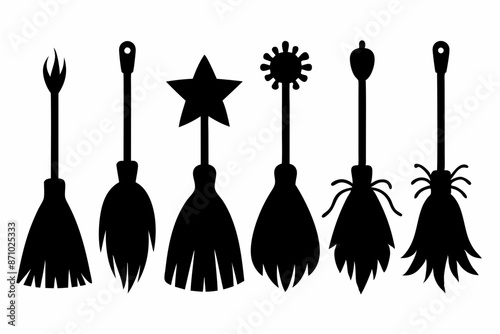 Witch brooms. Set of black silhouettes of brooms isolated on a white background. Vector illustration