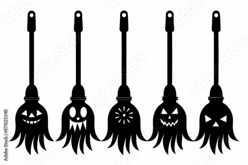 Witch brooms. Set of black silhouettes of brooms isolated on a white background. Vector illustration